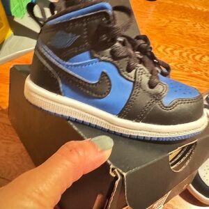 Jordan 1 Mid Toddler  Black and Blue Sneakers